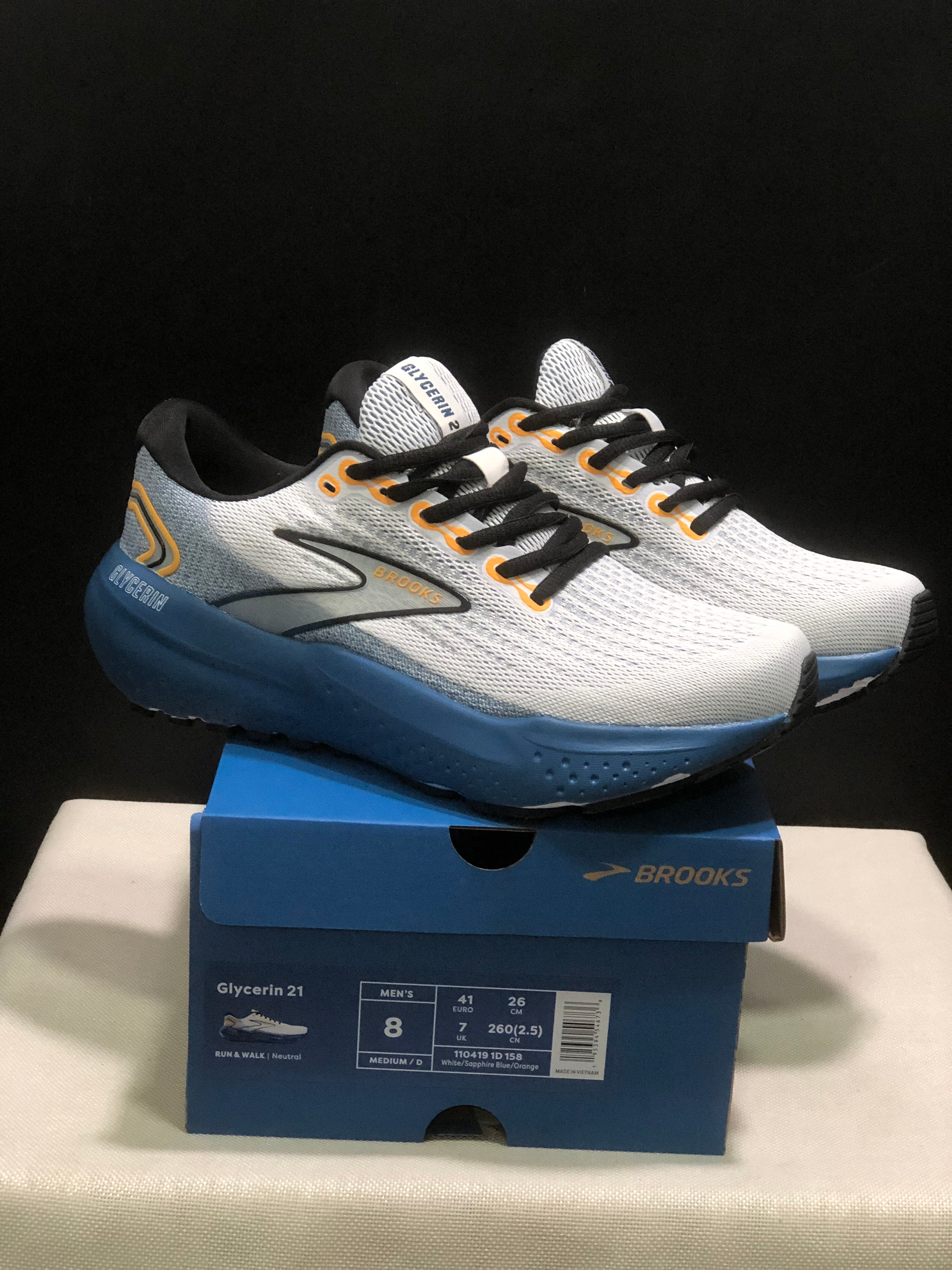 Brooks Glycerin 21 Men's Low-top Casual Running Shoes White/Sapphire Blue/Orange