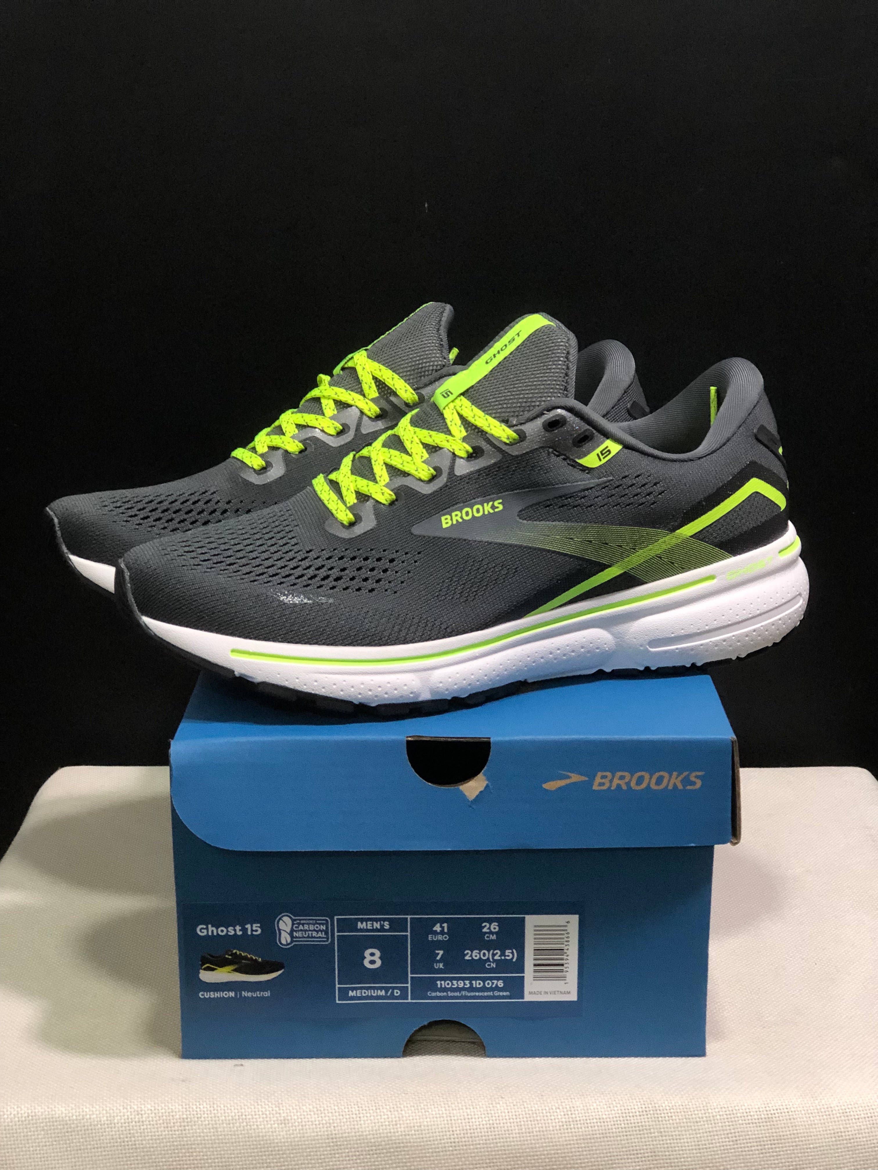 Brooks Ghost 15 Shock-absorbing Wear-resistant Low-top Running Shoes Carbon Soot/FluoreScent Green