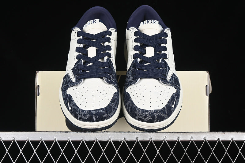 Travis Scott Fragment Design Nike Air Jordan 1 Low Dior OG SP Denim Dark Blue White Sneakers
