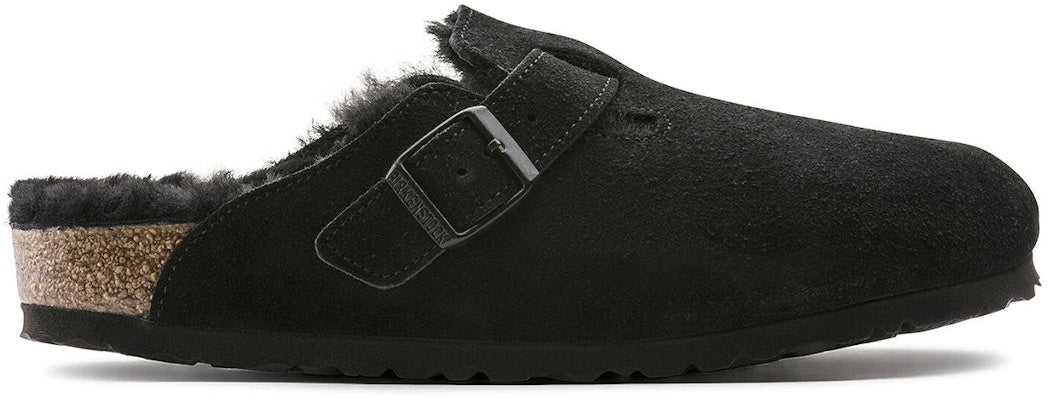 Birkenstock Boston Shearling Suede Leather 259883 MediumNarrow Fit Black Fashion Slippers