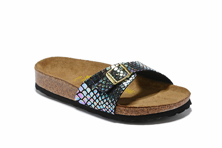 Birkenstock Madrid Black Snakeskin Reflective Single-Snap Leather Sandals