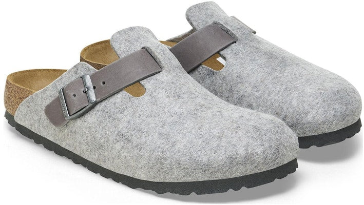 Birkenstock Boston 1026149 Natural Leather Felt Light Grey Covered-Toe Slippers