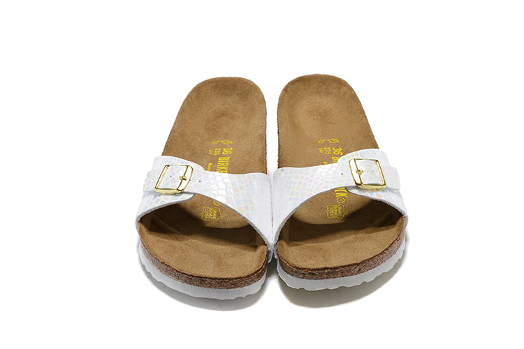 Birkenstock Madrid White Snakeskin Single-Snap Leather Sandals
