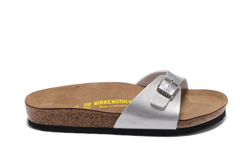 Birkenstock Madrid Silver Snakeskin Single Strap Slide Sandals