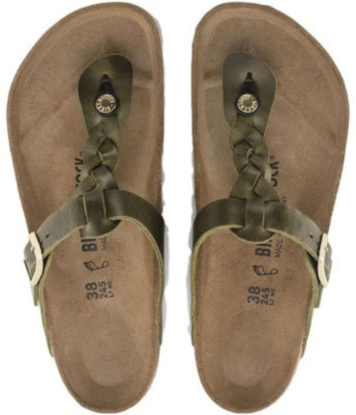 Birkenstock Gizeh Olive Green Braided Oiled Leather Narrow Fit 1024069 Fashion Slippers