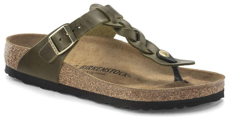 Birkenstock Gizeh Olive Green Braided Oiled Leather Narrow Fit 1024069 Fashion Slippers