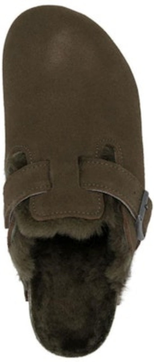 Birkenstock Boston Olive Green Shearling Suede Leather 1025667 Covered Toe Slippers