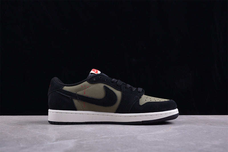Travis Scott Nike Air Jordan1 Low OG SP White Label Olive Green Black Sneakers