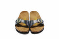 Birkenstock Madrid Black Snakeskin Reflective Single-Snap Leather Sandals