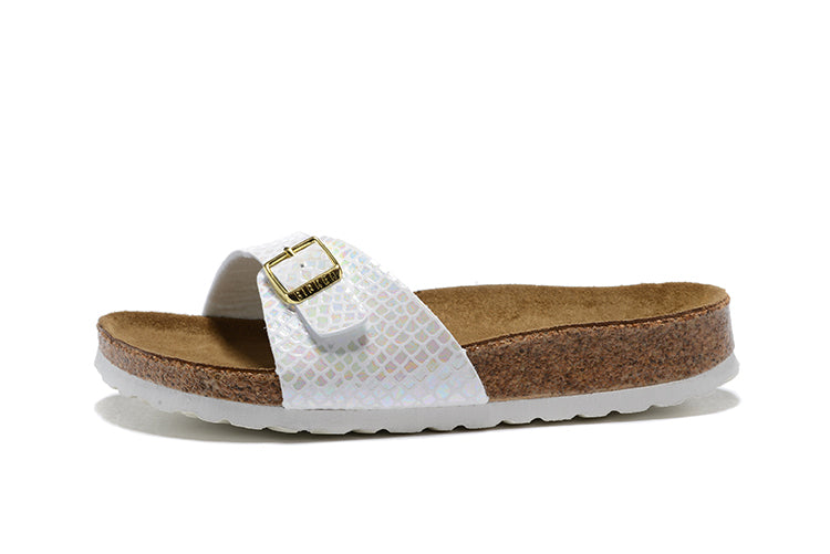 Birkenstock Madrid White Snakeskin Single-Snap Leather Sandals