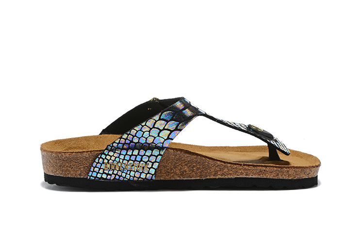 Birkenstock Gizeh Multicolor Reflection Black Snakeskin Flip Flops Leather Sandals
