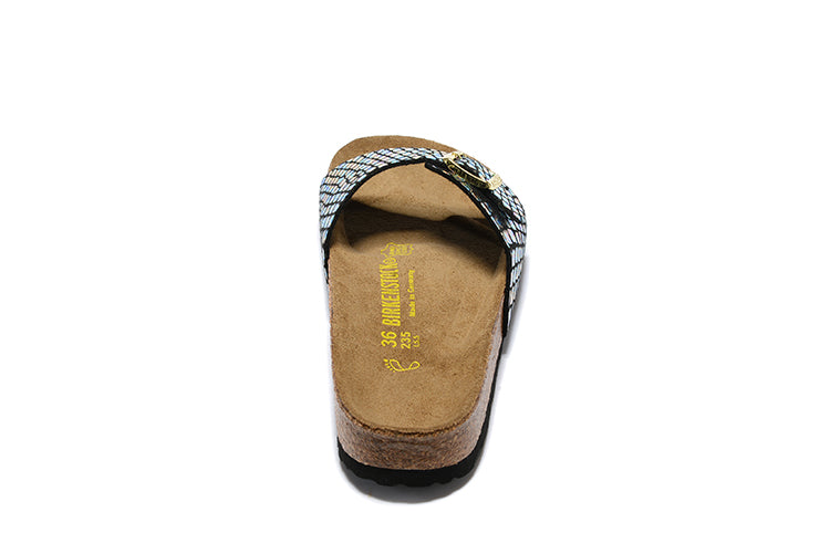 Birkenstock Madrid Black Snakeskin Reflective Single-Snap Leather Sandals