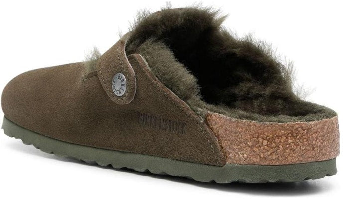 Birkenstock Boston Olive Green Shearling Suede Leather 1025667 Covered Toe Slippers